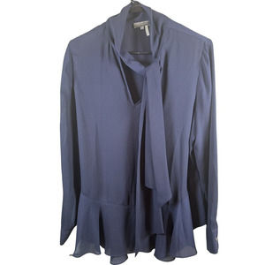 Vince Camuto Navy Peplum Long Sleeve Blouse Tie Neck Lightweight Womens M